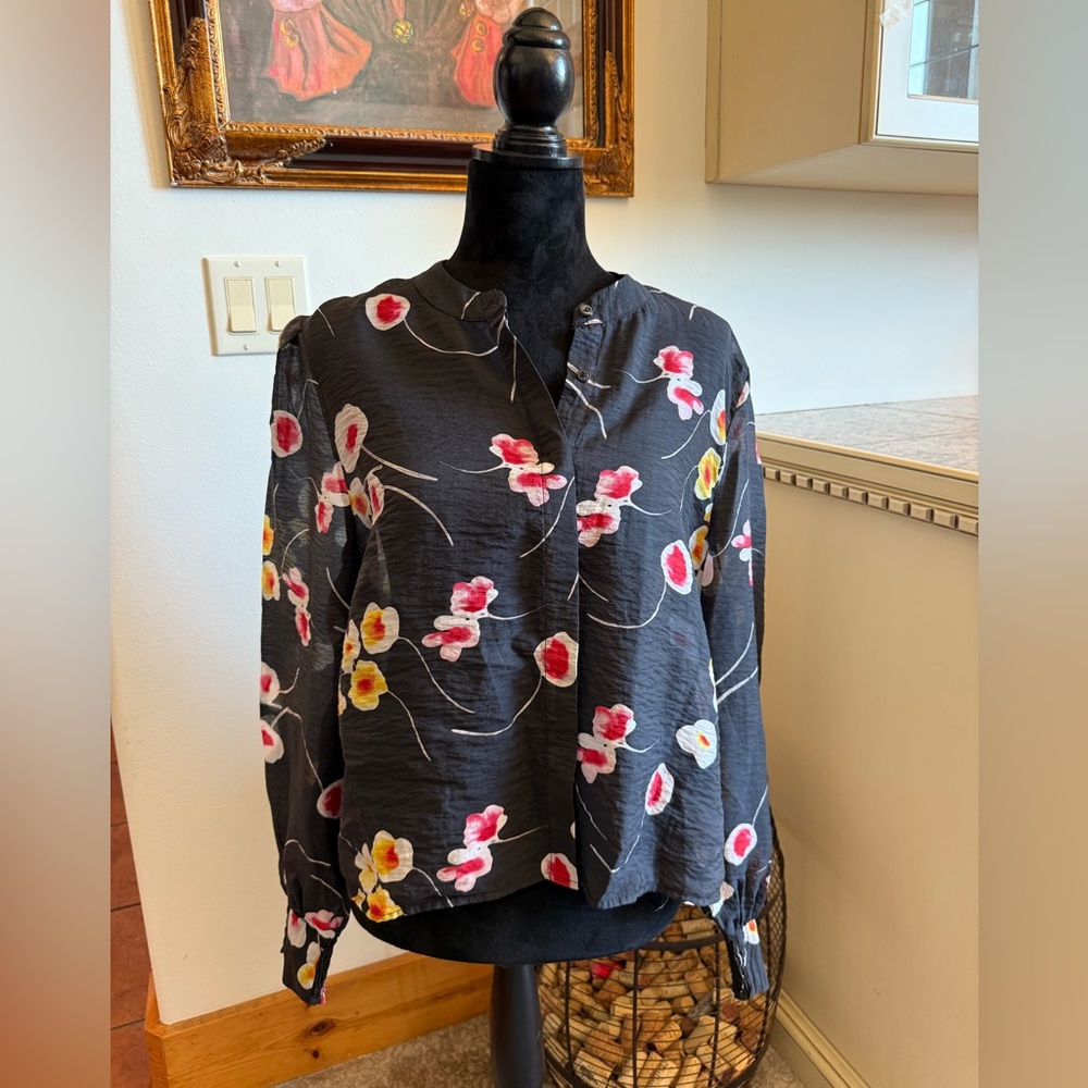 CAbi Black Blouse with Red and Yellow Floral Design “Greenhouse”